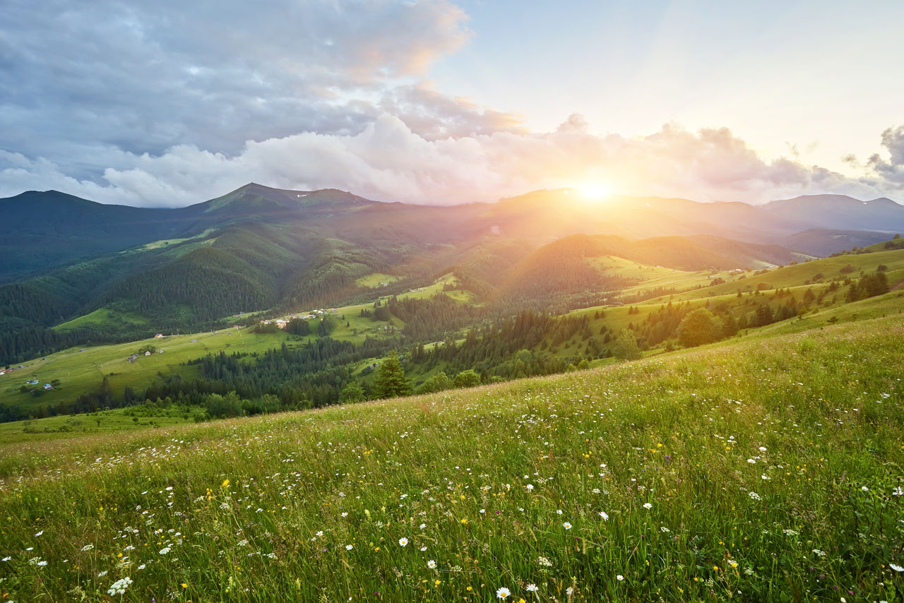 Sommer landskab med udsigt til bjerge og solnedgang